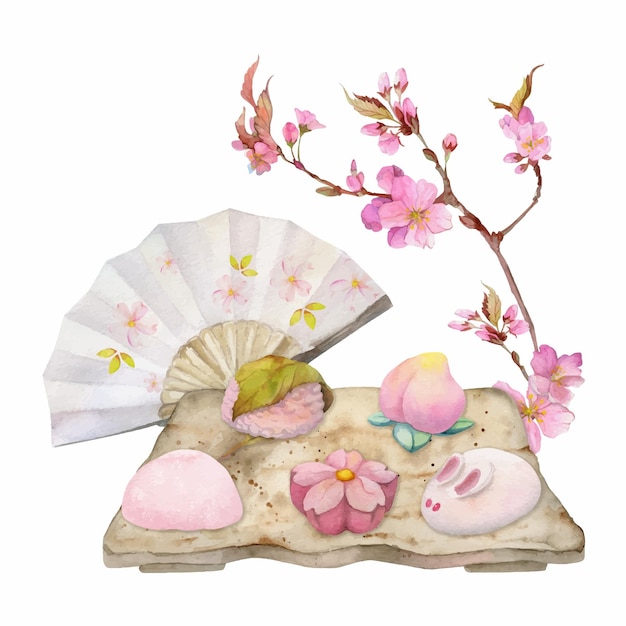 Watercolor hand drawn traditional Japanese sweets Ceramic dish spring nerikiri wagashi Isolated on white background Design for invitations restaurant menu greeting cards print textile