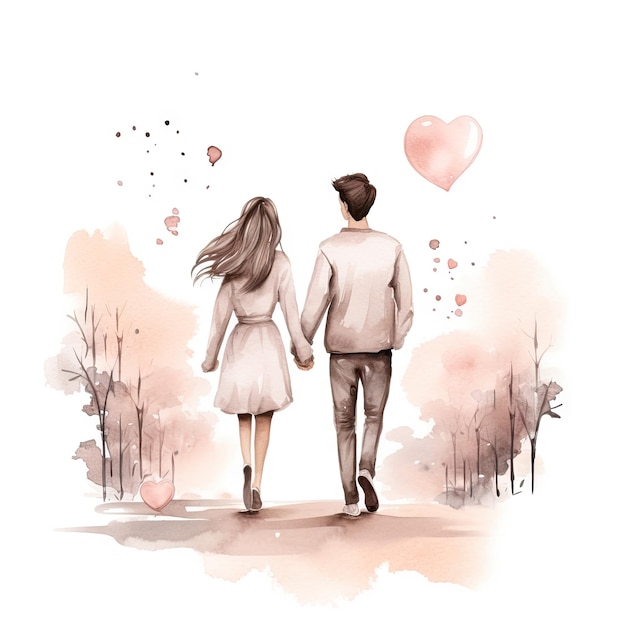 Watercolor hand drawn trendy cartoon couple