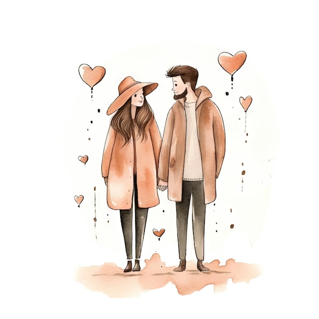 Watercolor hand drawn trendy cartoon couple