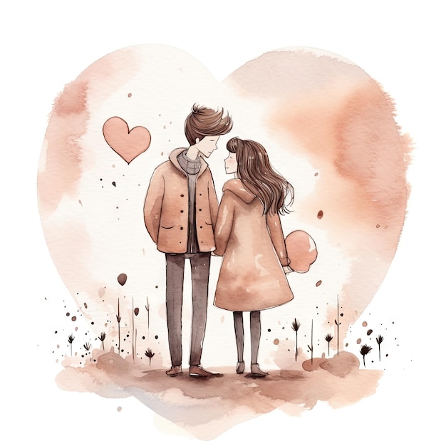 Watercolor hand drawn trendy cartoon couple