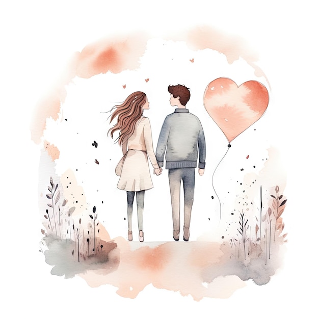 Watercolor hand drawn trendy cartoon couple