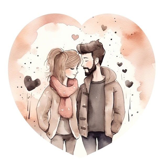 Watercolor hand drawn trendy cartoon couple