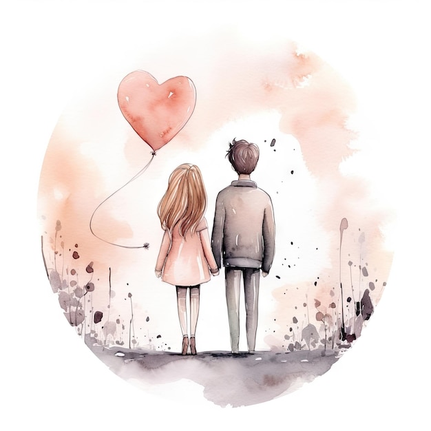 Watercolor hand drawn trendy cartoon couple