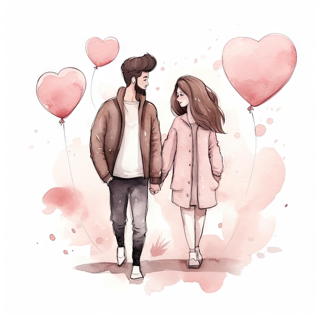 Watercolor hand drawn trendy cartoon couple