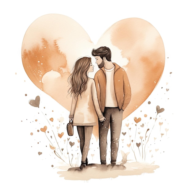 Watercolor hand drawn trendy cartoon couple