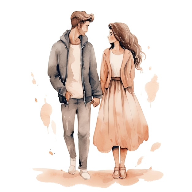 Watercolor hand drawn trendy cartoon couple