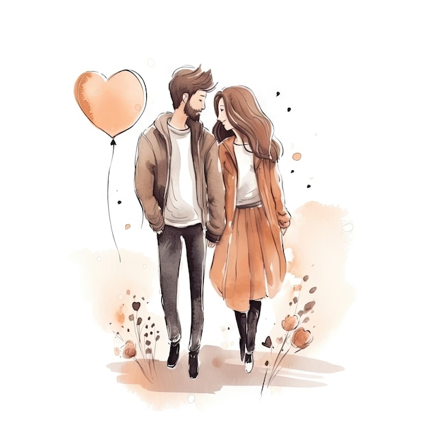 Watercolor hand drawn trendy cartoon couple