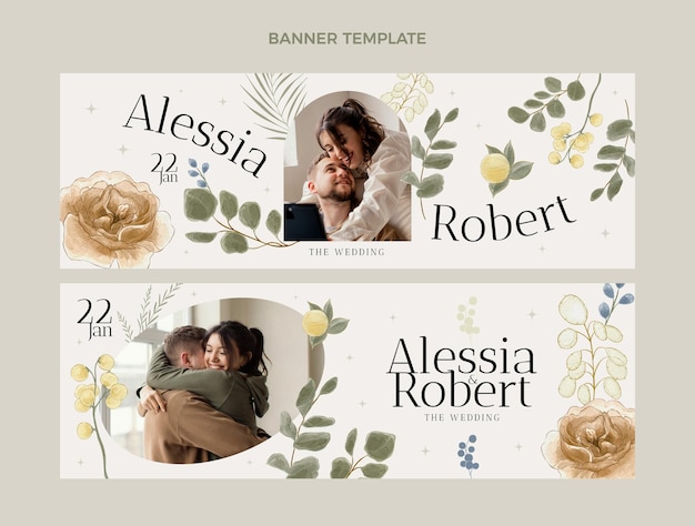 Vector watercolor hand drawn wedding horizontal banners