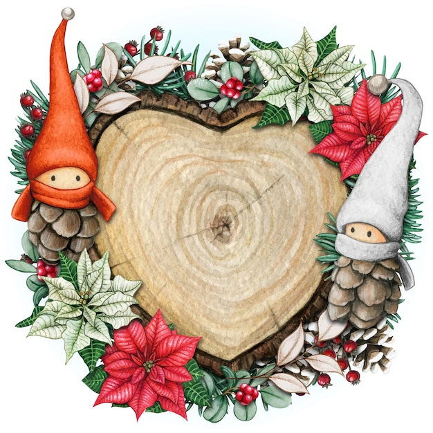 Watercolor hand drawn wooden heart slice with elves pinecones a