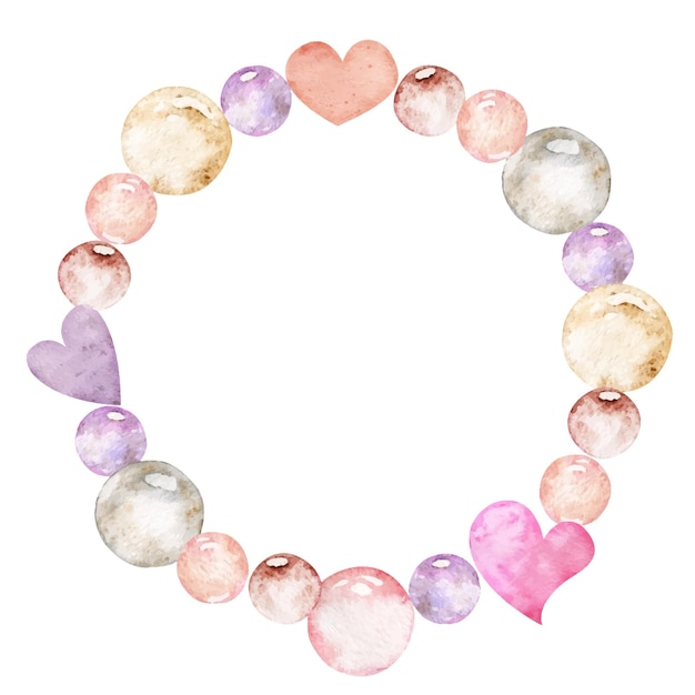 Watercolor hand drawn wreath of pastel bubbles and hearts for Valentine's day Isolated on white background Design for paper love and greeting cards textile print wallpaper wedding