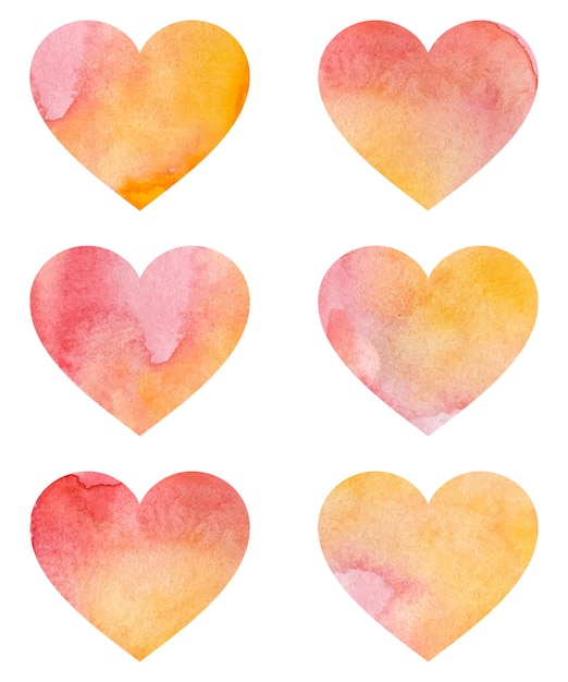 Vector watercolor hand drawn yellow and red hearts bundle