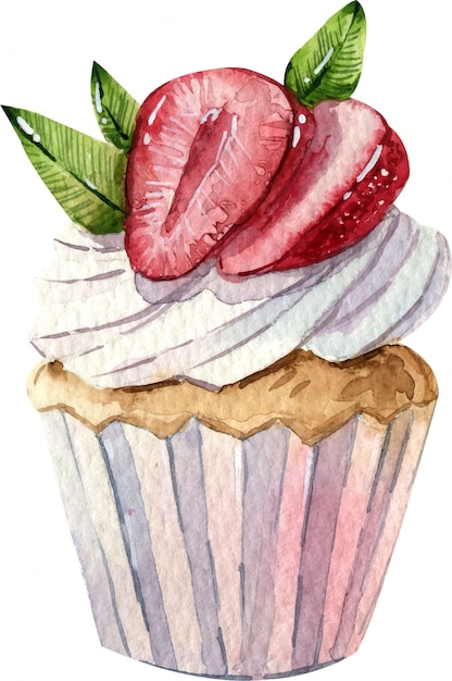 Watercolor hand painted cake. Isolated element. Cupcake with strawberry