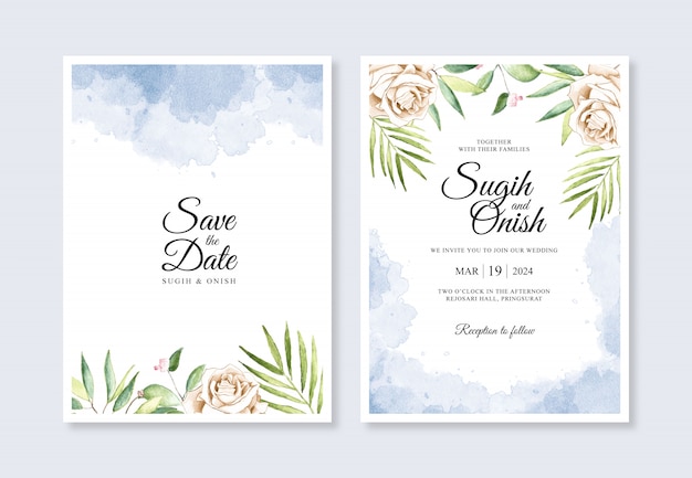 Watercolor hand painted flowers and splashes for a wedding invitation card template