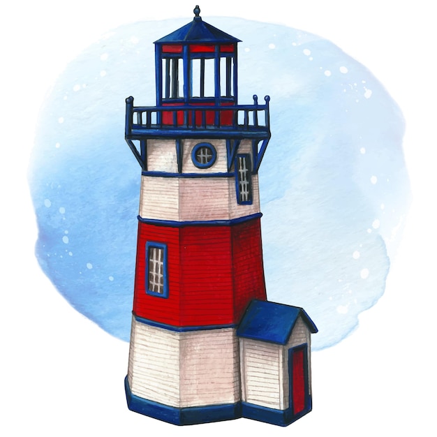 Watercolor hand painted lighthouse red white and blue