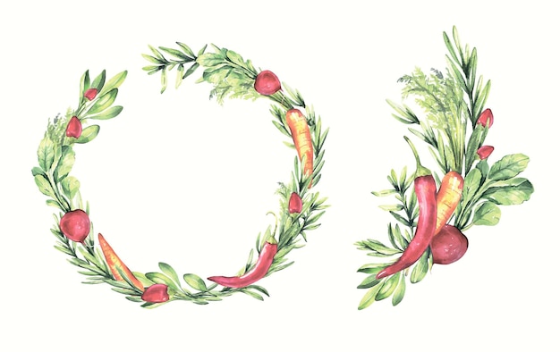 Watercolor hand painted wreaths with vegetables