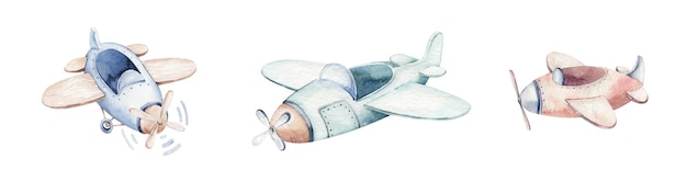 Watercolor handdrawn cartoon planes