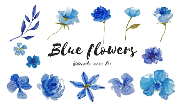 Watercolor handdrawn set of blue flowers