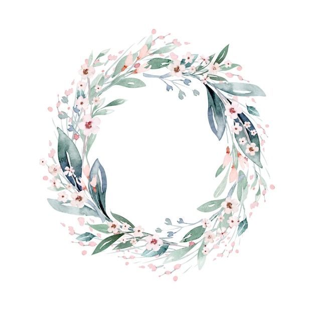 Vector watercolor handdrawn wreath with leaves pink flowers and branches