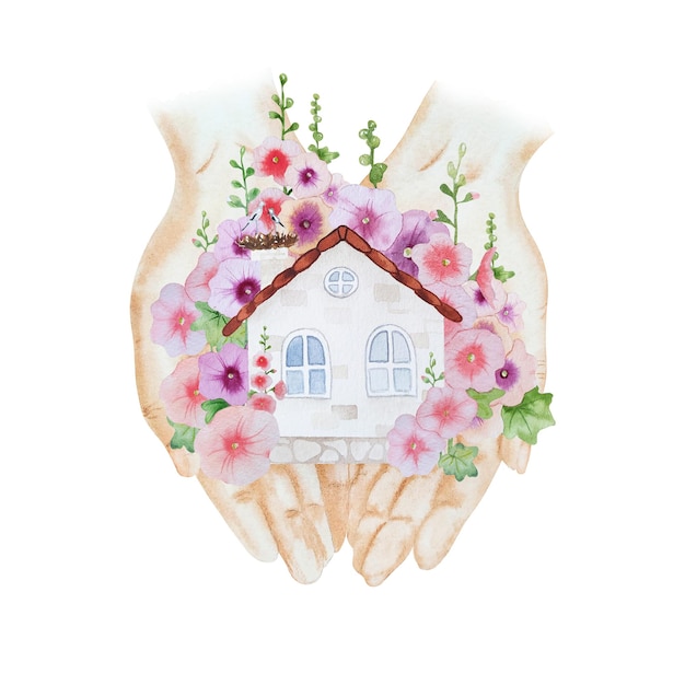 Watercolor handpainted illustration of open hands with little home and flowers