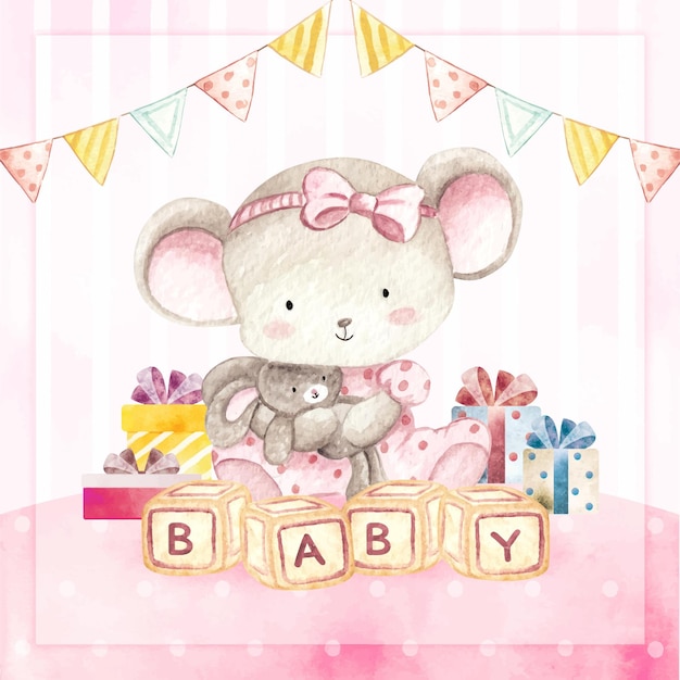 Watercolor happy birthday card baby mouse girl