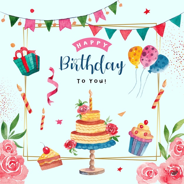 Watercolor happy birthday celebration card