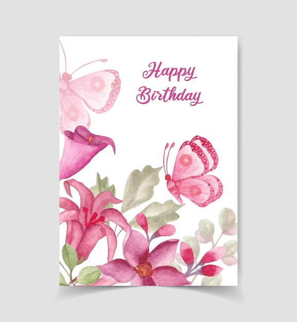 Watercolor happy birthday party invitation card with butterflies