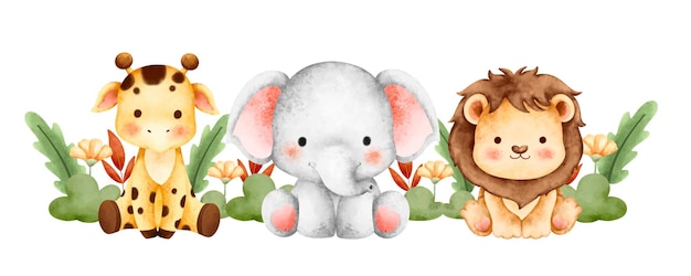 Watercolor happy cute safari animals banner