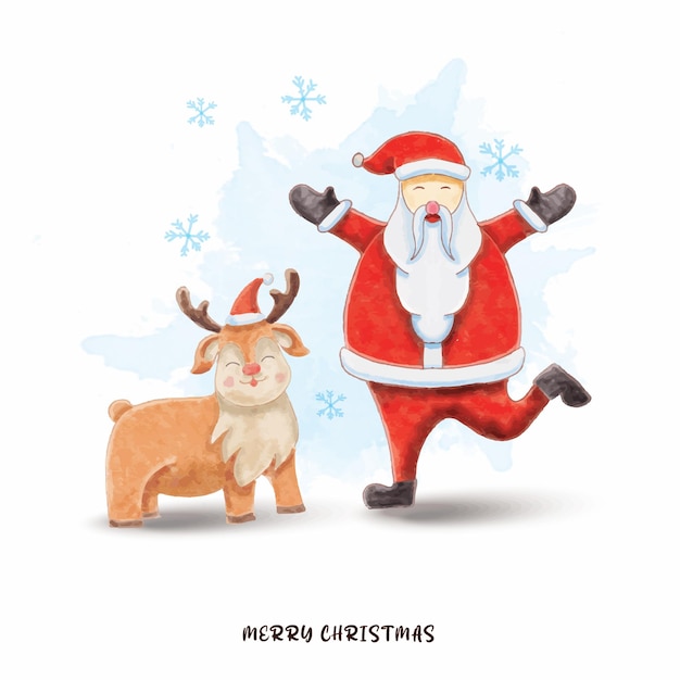 Watercolor happy santa with cute deer and merry christmas