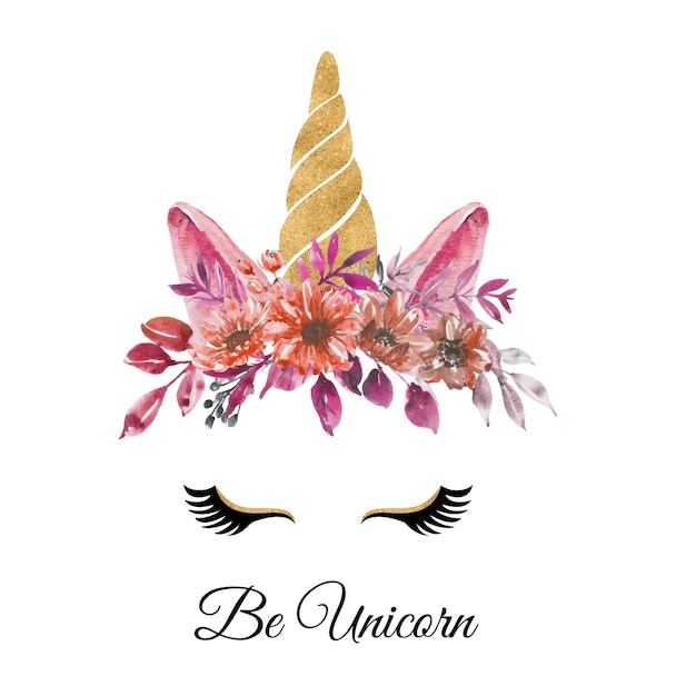 Vector watercolor head of unicorn with floral wreath flower red autumn fall