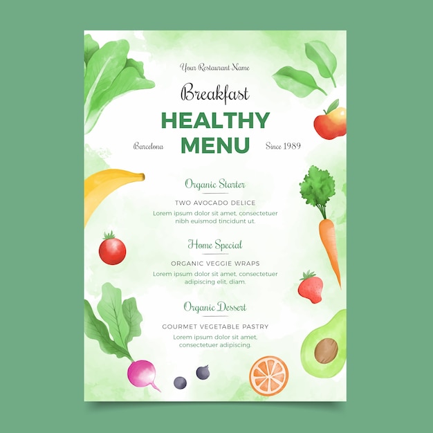 Watercolor healthy food menu template