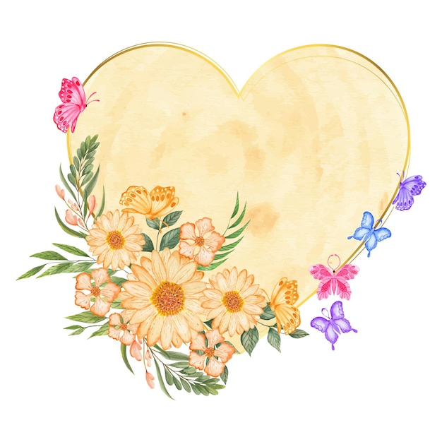 Watercolor Heart shape lovely floral frame decoration with butterflies