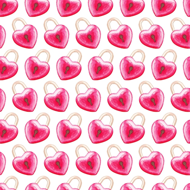 Watercolor hearts Seamless pattern Valentines Day pattern with heart shaped locks