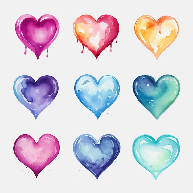 Watercolor Hearts Vector Illustration of Multicolored Affection