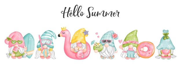 Vector watercolor hello summer gnomes.