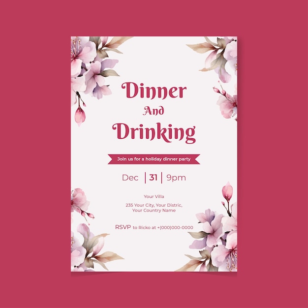 Watercolor Holiday Party flyer for floral design with elegant flowers template