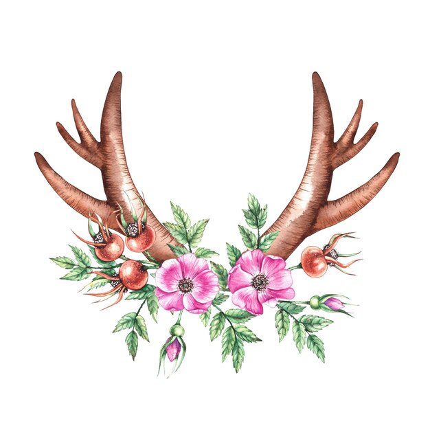 Vector watercolor horns with rosehip flowers and berries