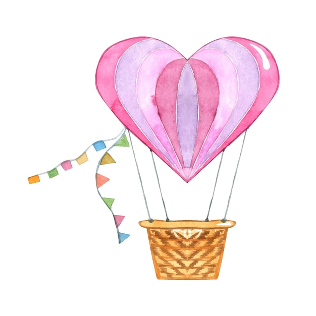 Watercolor hot air balloon in shape of heart