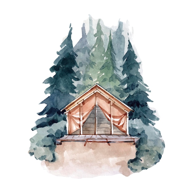 Watercolor house in the forest