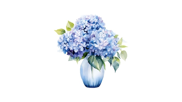 Watercolor hydrangea flowers with vase isolated on white background