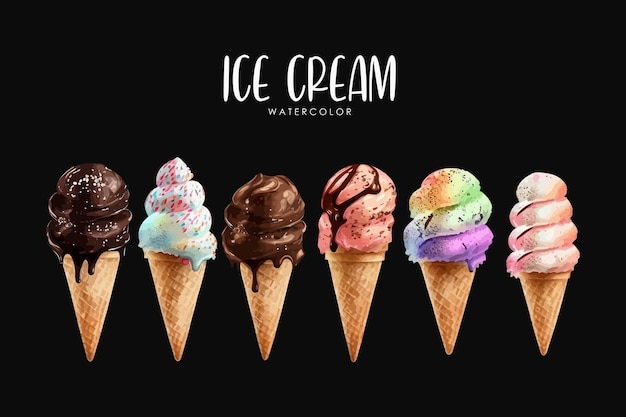 watercolor ice cream illustration set on isolated black background