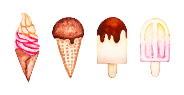 Watercolor ice cream set isolated colorful food icon chocolate waffle cone icecream textured painting clipart