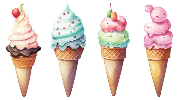 Watercolor ice cream set on a white background