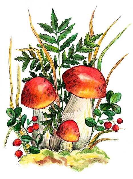 watercolor illustration autumn mushrooms and lingonberries on the background of fern and herbs