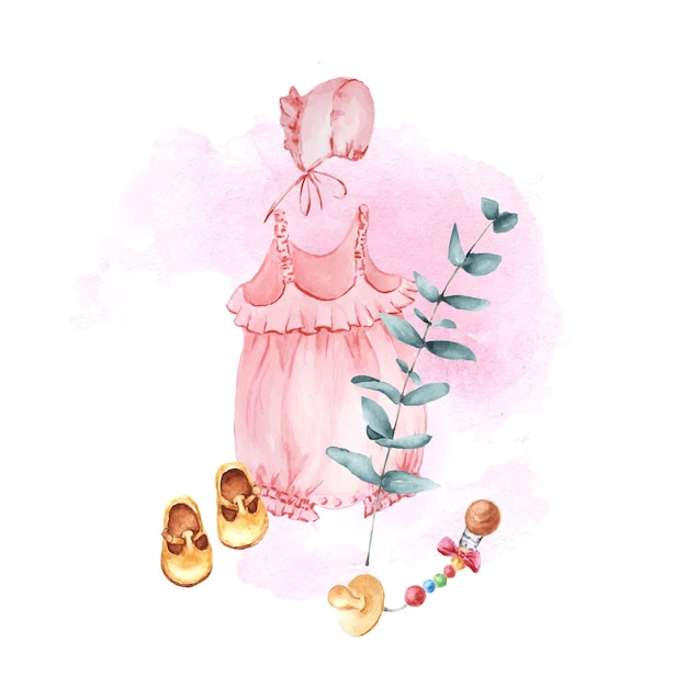 Watercolor illustration baby clothes for baby shower for girl