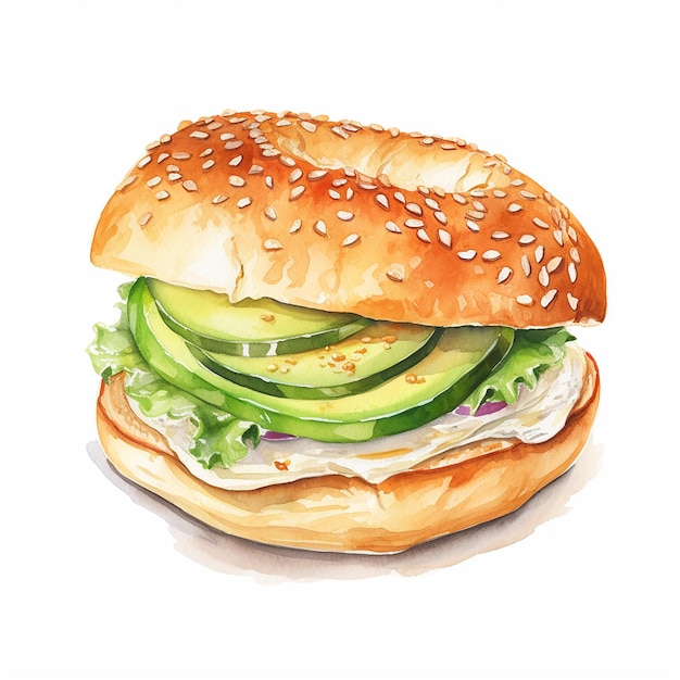 Watercolor illustration bagel sandwich at white background