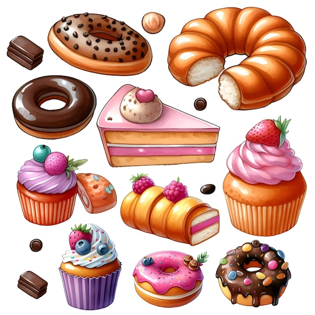 Vector watercolor illustration of bakery food items