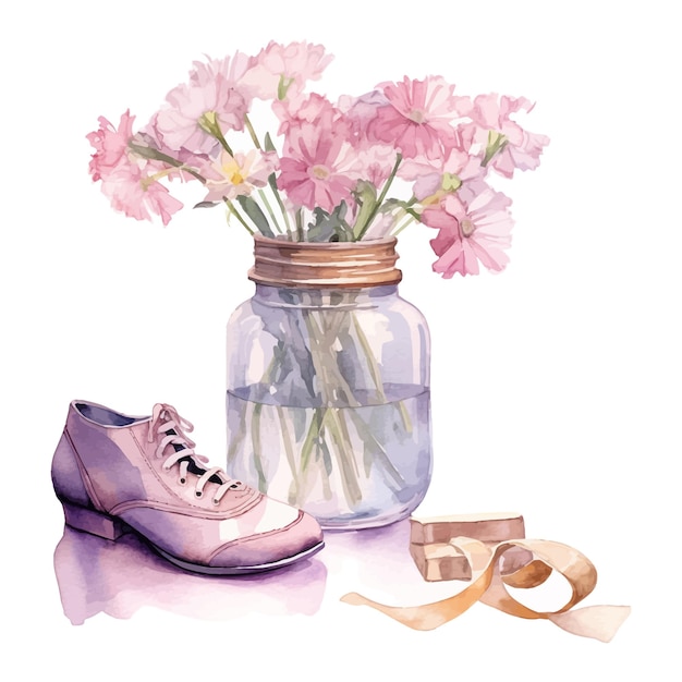 Watercolor illustration ballerina shoes flowers fragrance jar retro fashion accessories