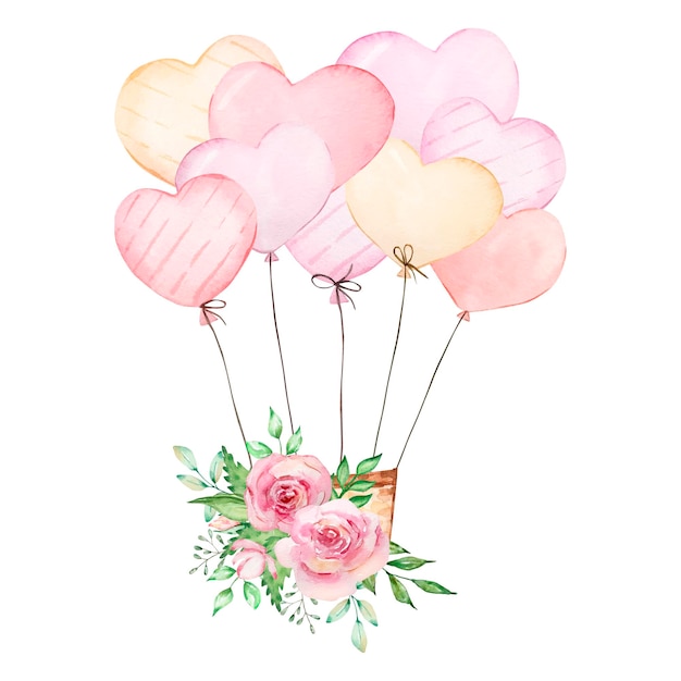 Watercolor illustration of a balloon made of hearts with a bouquet of flowers