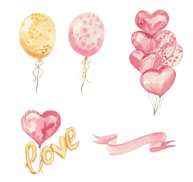 Watercolor illustration of balloons in the form of a heart and the inscription love