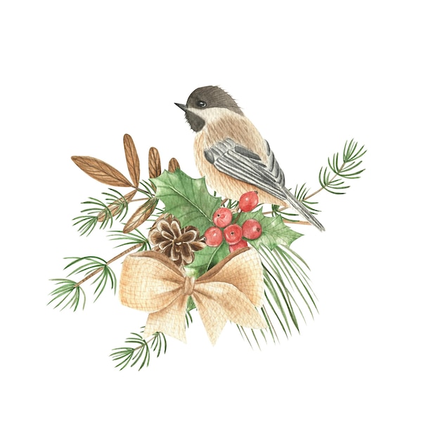 Watercolor illustration of a bird and plants. New Year card.